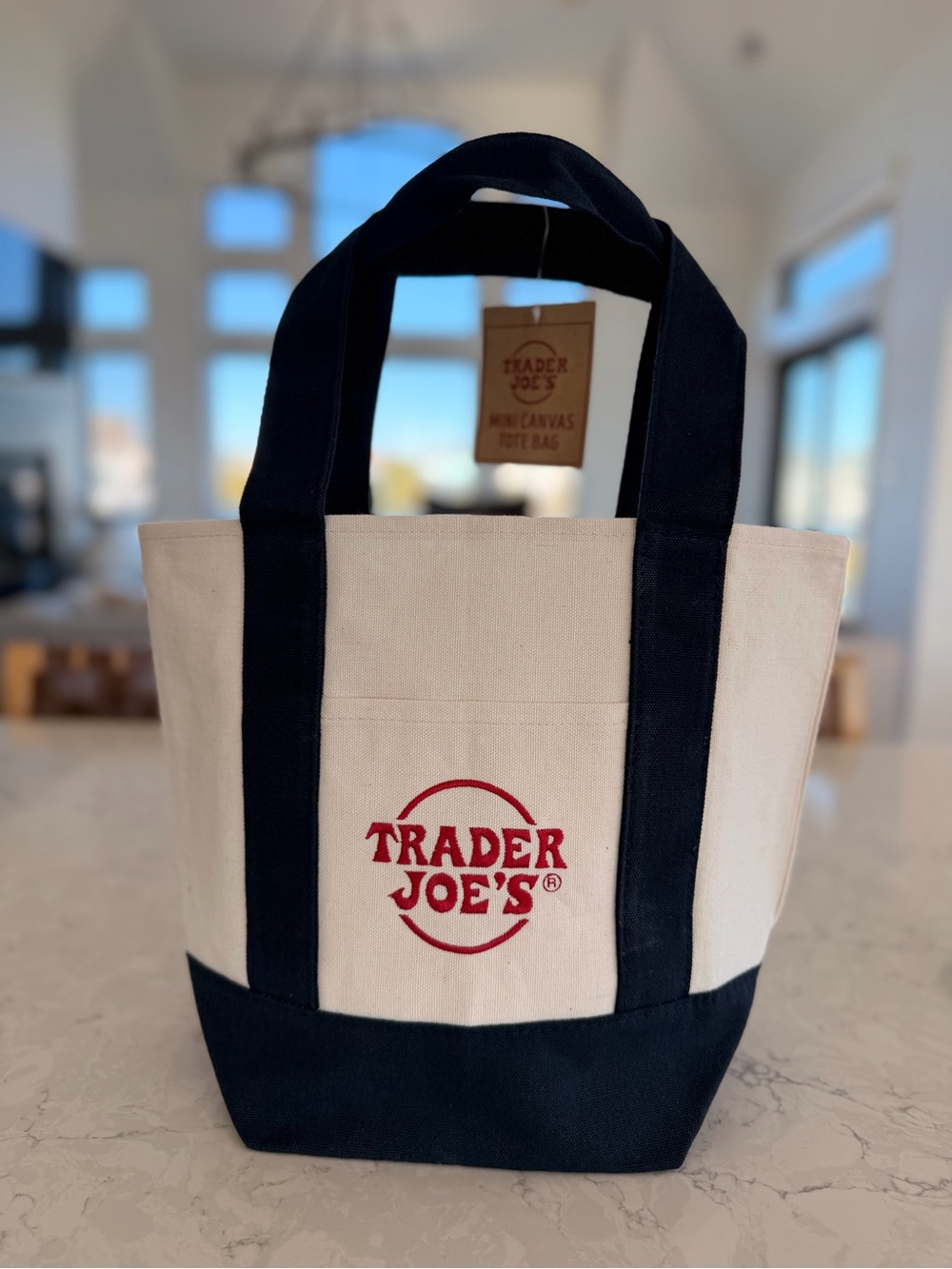Trader Joe's Canvas Duffel Tote - Cream with Navy Accents - MINI NWT